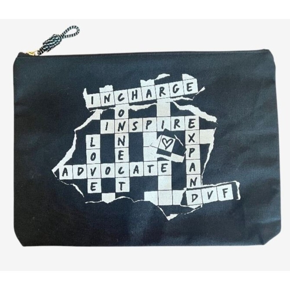DVF X Sequence Black Canvas Pouch Crossword Design laptop tablet travel